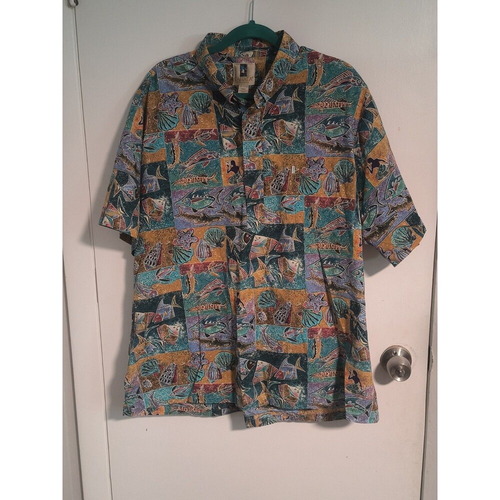 Kahala Shirt Mens 2XL Multicolor Fish Print and Mermaid Hawaiian Short Sleeve